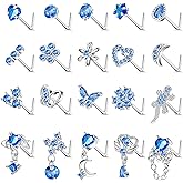 REVOLIA 20Pcs 20G Surgical Steel Dangle Nose Rings L Shaped Nose Ring Studs for Women Men CZ Heart Moon Dangling Flower Butterfly Nose Piercing Jewelry
