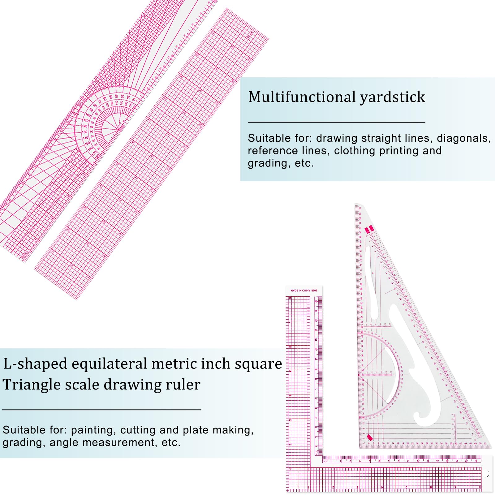 HLZC Fashion Clear Metric Sewing Ruler Set, French Curve Pattern Ruler Kit for Beginners Tailors Designers (A-9-Piece Set)