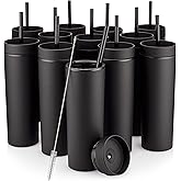 STRATA CUPS Black Skinny Tumblers with Lids and Straws (12 pack) - 16oz Double Wall Acrylic Tumbler, Tall Matte Skinny Tumblers, Bulk with Free Straw Cleaner, Reusable Cups