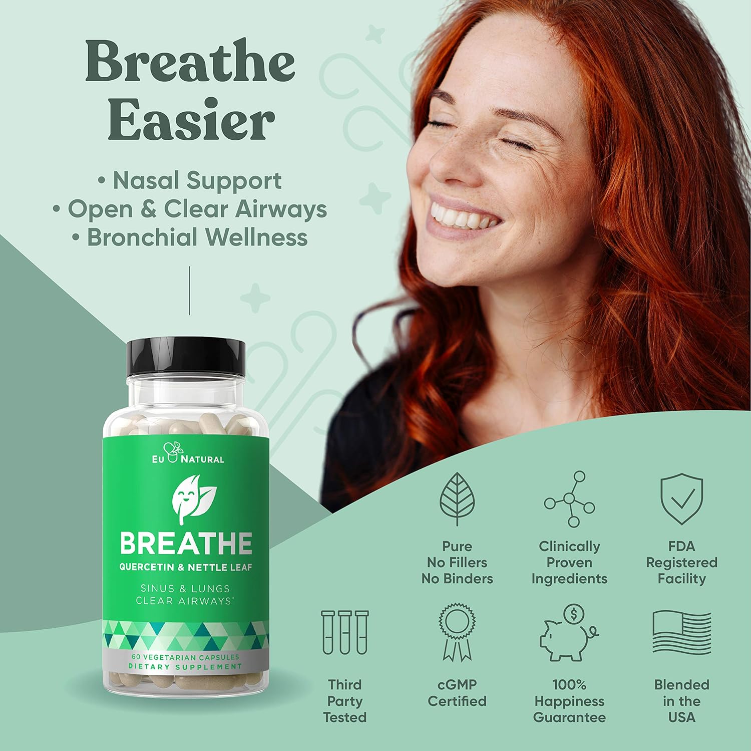 BREATHE Sinus & Lungs Breathing – Seasonal Nasal Health, Immune Support, Open & Clear Airways, Bronchial Wellness, Healthy Chest – Quercetin, Nettle Leaf, Bromelain Pills – 60 Vegetarian Soft Capsules: Health & Personal Care