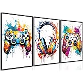 Gaming Room Decor Wall Art Set of 3, Video Gaming Theme Decor Gamer Room Gamepad Graffiti Posters Pictures Wall Art, Gaming Canvas Painting Prints for Teen Boys Room Decor 12x16in Unframed