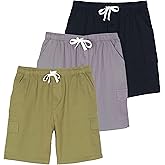 Real Essentials 3 Pack: Men's Cotton 9" Cargo Shorts - Elastic Waistband with Drawstring & Pockets