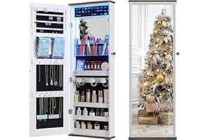 Dystler Farmhouse Jewelry Cabinet with LED Light, Lockable Over the Door Jewelry Organizer with Mirror, Hanging Jewelry Armoire with Full Length Mirror for Girls/Women, Antique White