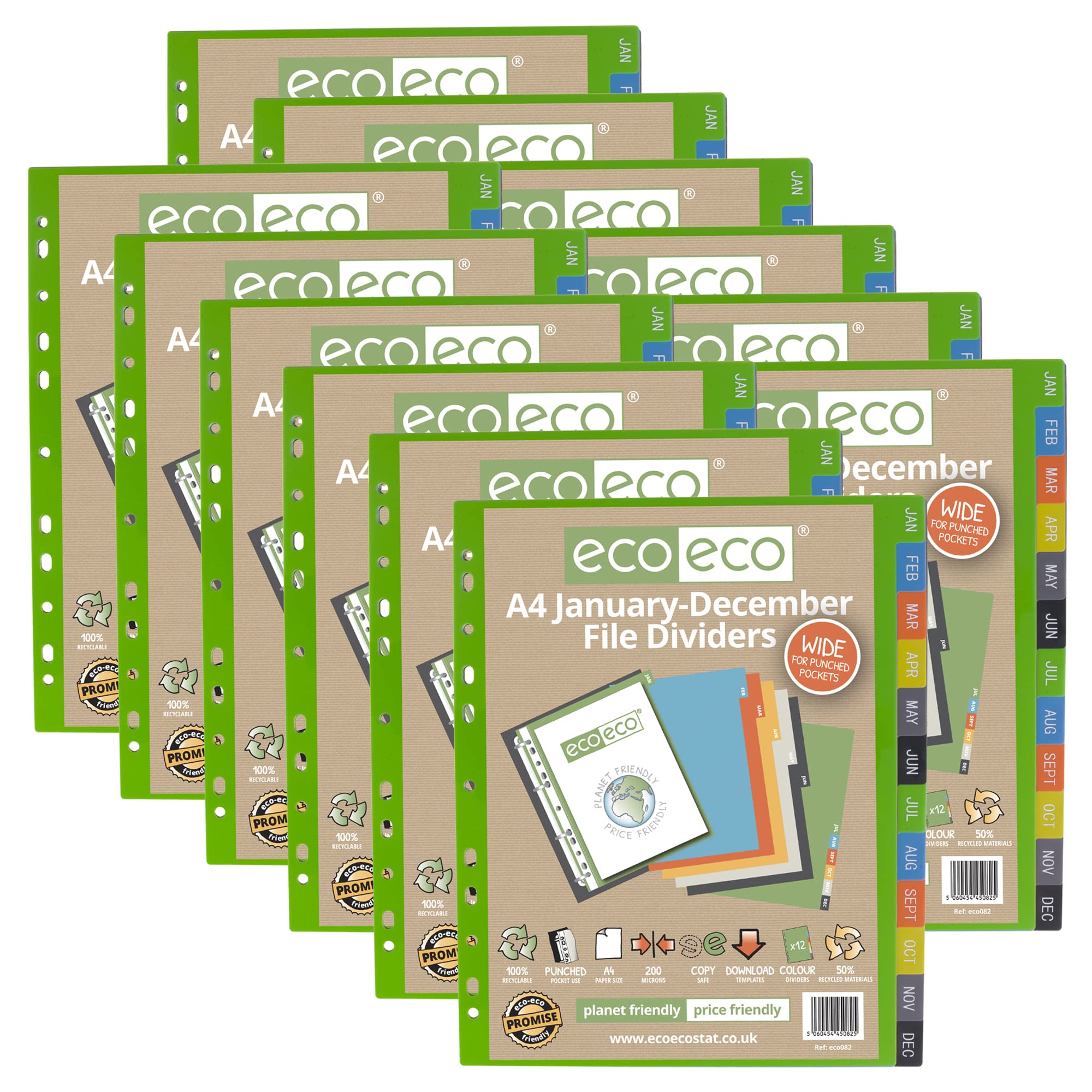 eco-eco A4 50% Recycled Multipunched Reinforced Colour January - December Subject Index Extra Wide File Dividers 200mic (Pack of 12), eco082x12