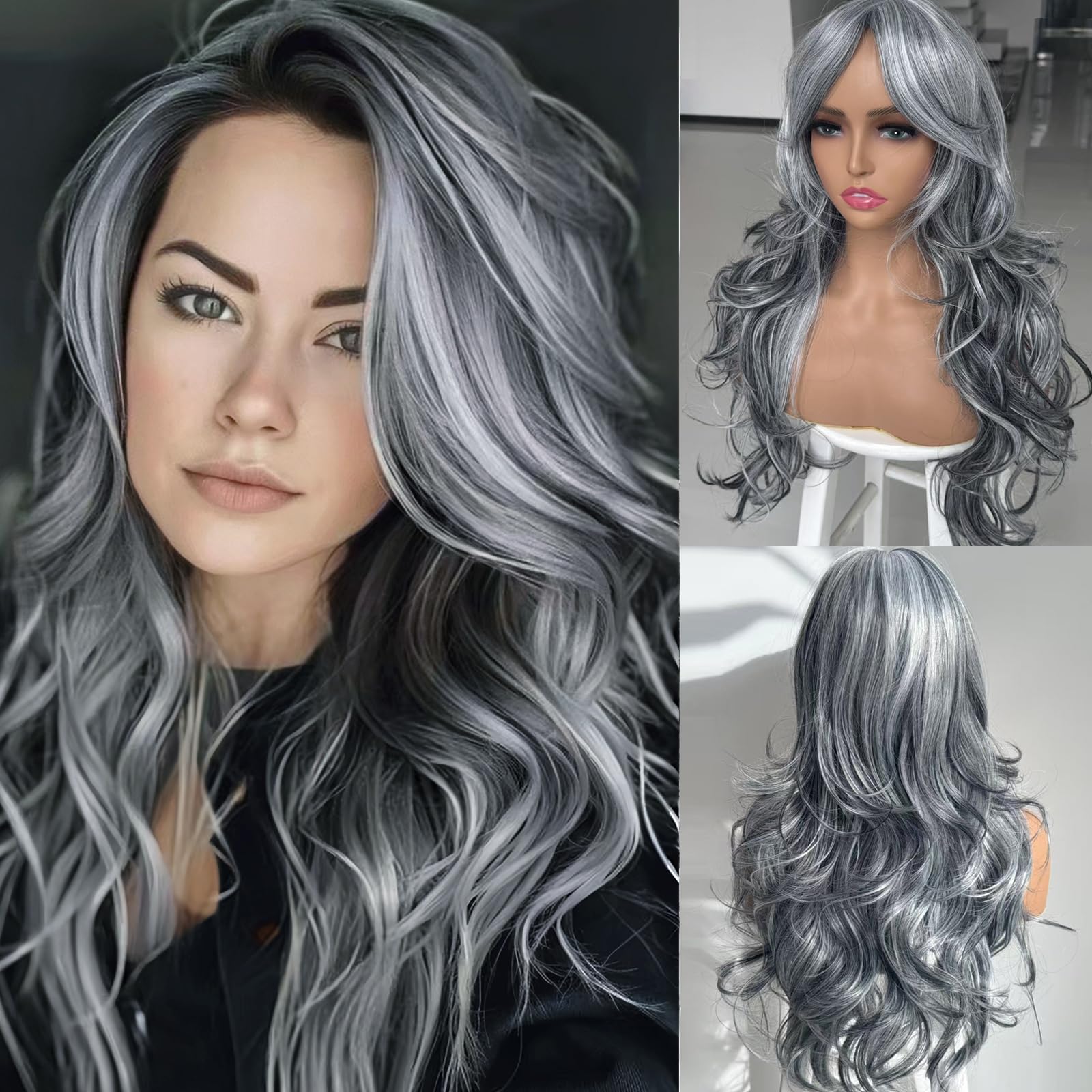 Photo 1 of Aisaide Long Wavy Gray Layered Wig with Curtain Bangs for Women Synthetic Highlight Grey Layered Wavy Shaggy Gray Wigs for Women 24inch (Sliver Grey)