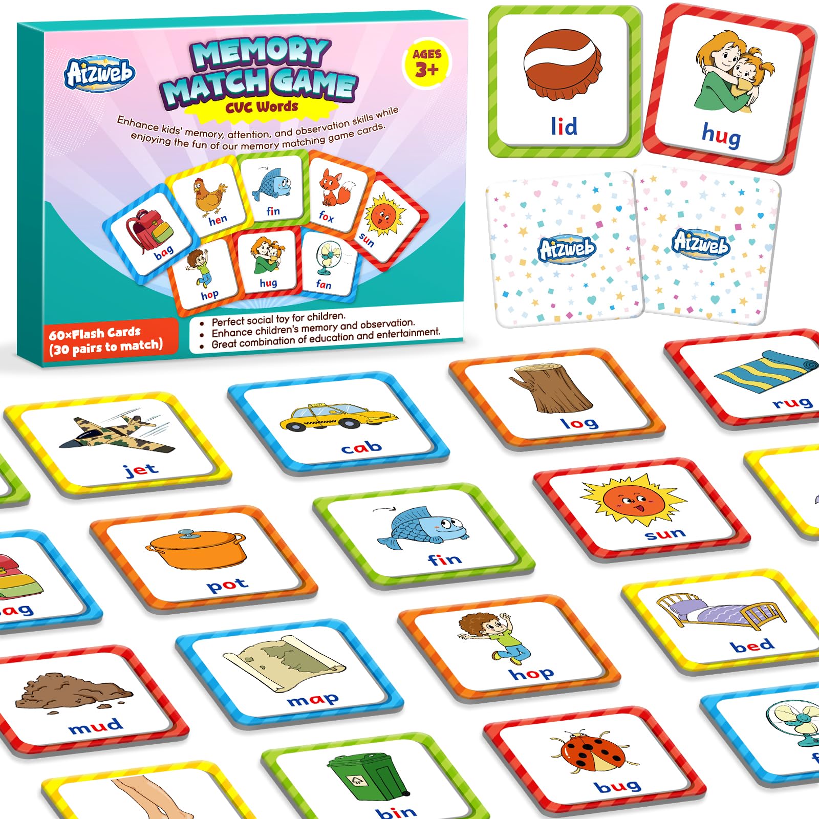 Photo 1 of Aizweb CVC Word Match Game - 60 Pc Toddler Card Games for Kids Ages 3-6, Phonics Flash Cards for Preschool & Kindergarten Learning Activities, Educational Toys for Home School Supplies