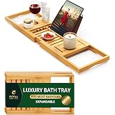 ROYAL CRAFT WOOD Premium Foldable Bathtub Tray Caddy - Wood Bath Tray for Tub, Bamboo Shelf, Expandable Bath Table Trays, Bathtub &amp; Bathroom Accessories for New Home &amp; Mothers, Birthday Gifts for Mom