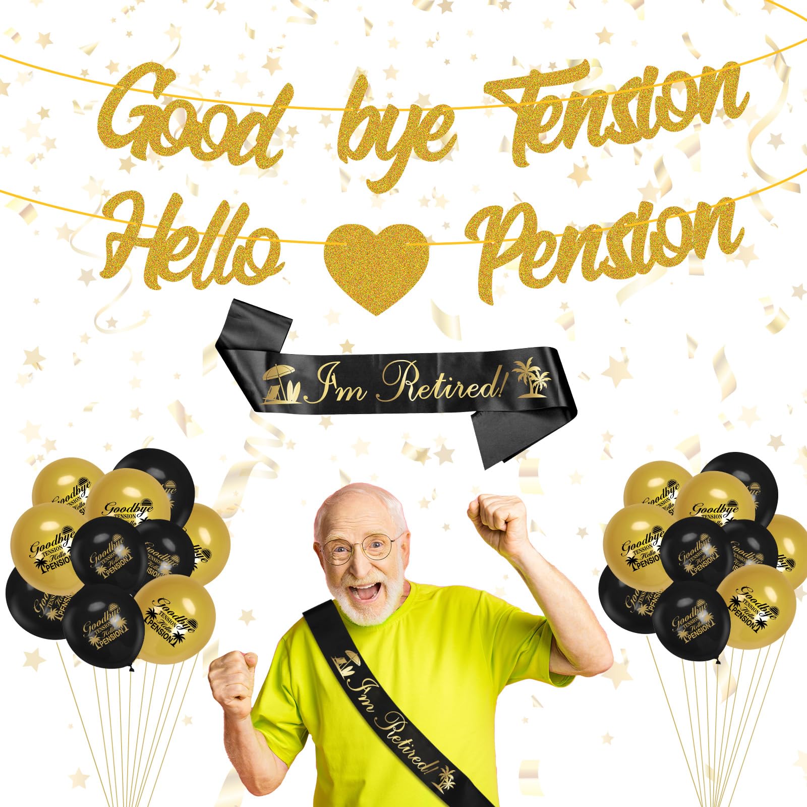 HONMOK 22pcs Retirement Decorations - Goodbye Tension Hello Pension Banner, I'm Retired Sash, Happy Retirement Decor for Women, Men, Teacher, Office Farewell Party Supplies