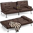 JUMMICO Faux Leather Futon Sofa Bed Futon Couch with Removable Armrests Adjustable Sleeper Sofa Bed with 2 Cup Holders for Living Room (PU Leather, Brown)