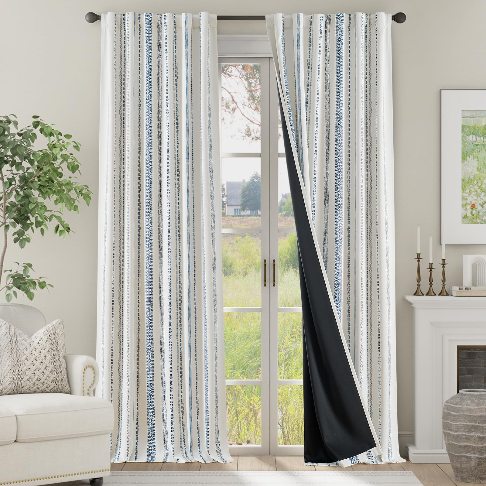 Photo 1 of jinchan Blackout Curtains 84 Inches Long for Bedroom, Boho Insulated Curtains Geometric Blue Printed on Beige Back Tab Rod Pocket Room Darkening Drapes for Living Eoom Retro Farmhouse Pattern 2 Panels