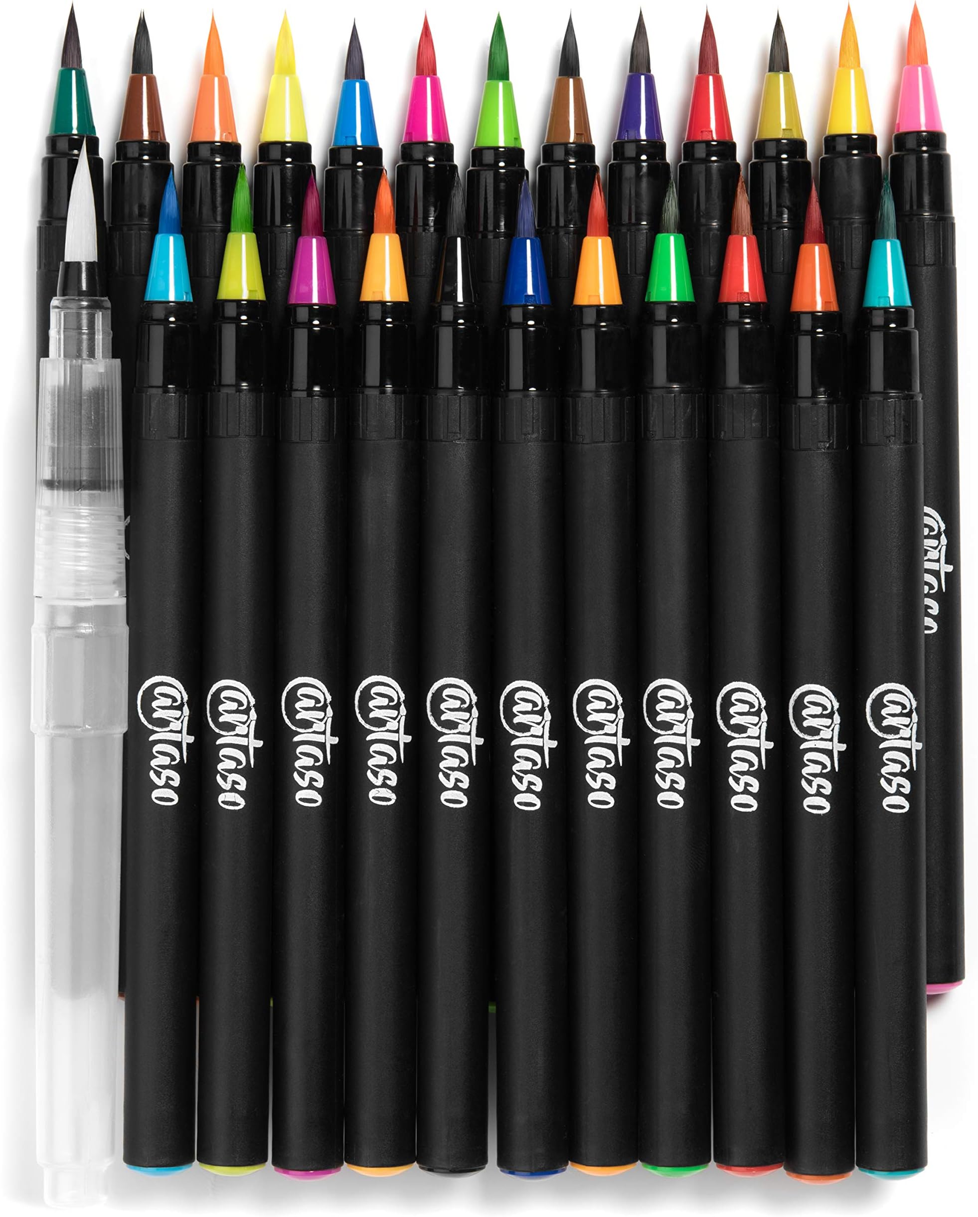 Artaso Watercolor Brush Pens and Painting Pad | 24 Vibrant Colors & 1 Water Brush Pen For Easy Blending | 15-Page Professional-Grade Drawing Coloring Paper | Perfect Color Marker Gift Set For Artists