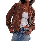 Mingzhu Womens Faux Suede Bomber Jacket Ribbed Collar Zip Up Leather Cropped Jacket Fashion Coat with Pockets