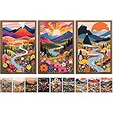 Boho Colorful Landscape Flowers Canvas Wall Art, Abstract Watercolor Mountain sun moon Wall Decor, 16x12inch 3-Piece set Wood Framed + 9 Pcs 8×10 Posters Prints for Office Living Room Home Decor