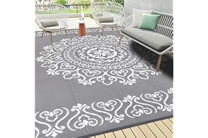 Pauwer Waterproof Outdoor Rug 9x12, Reversible Plastic Straw Patio Camping Rug, Indoor Outdoor RV Mat Carpet for Deck, Camper, Porch, Balcony, Backyard, Picnic, Floral Grey