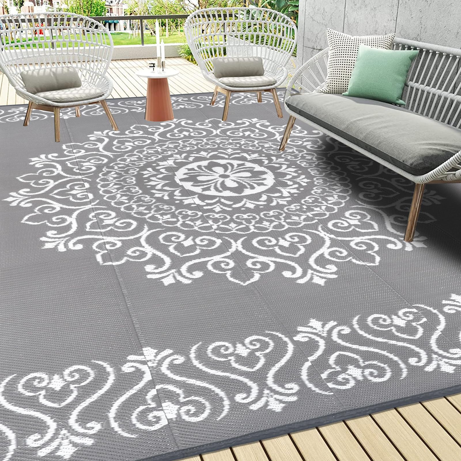 Pauwer Waterproof Outdoor Rug 8x10, Reversible Plastic Straw Patio Camping Rug, Indoor Outdoor RV Mat Carpet for Deck, Camper, Porch, Balcony, Backyard, Picnic, Floral Grey Image Pauwer Waterproof Outdoor Rug 8x10, Reversible Plastic Straw Patio Camping Rug, Indoor Outdoor RV Mat Carpet for Deck, Camper, Porch, Balcony, Backyard, Picnic, Floral Grey Image