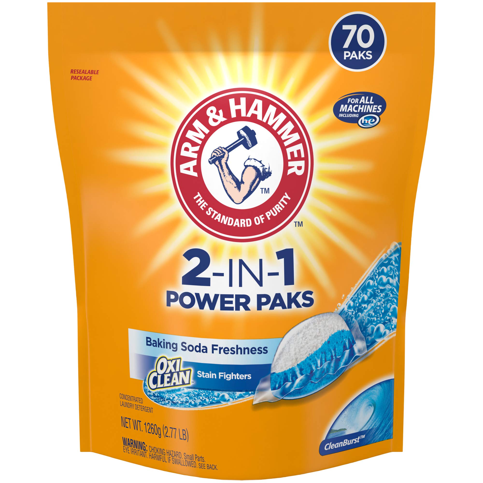 ARM & HAMMER 2IN1 Laundry Detergent Power Paks 70 Count W/Oxi Clean