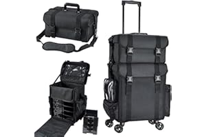 Costravio Professional Makeup Case, 2in1 Travel Makeup Rolling Case Soft Sided Cosmetology Train Case with Wheels Makeup Artist Cosmetic Organize for Make-up, Nail Art, Beauty, Hairstylist, Black