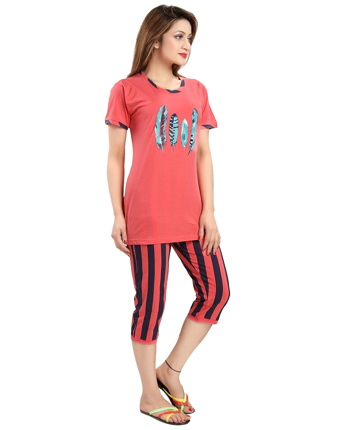 seemee dark orange and black polyester cotton capri and top night set