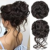 RONTAYA 2PCS Messy Bun Hair Piece Wavy Curly Synthetic Updo Chignon Fake Scrunchies Ponytail Extension for Women Dark Brown