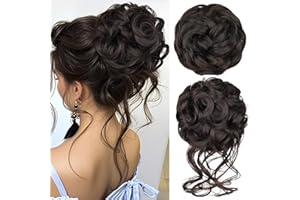 RONTAYA 2PCS Messy Bun Hair Piece Wavy Curly Synthetic Updo Chignon Fake Scrunchies Ponytail Extension for Women Dark Brown