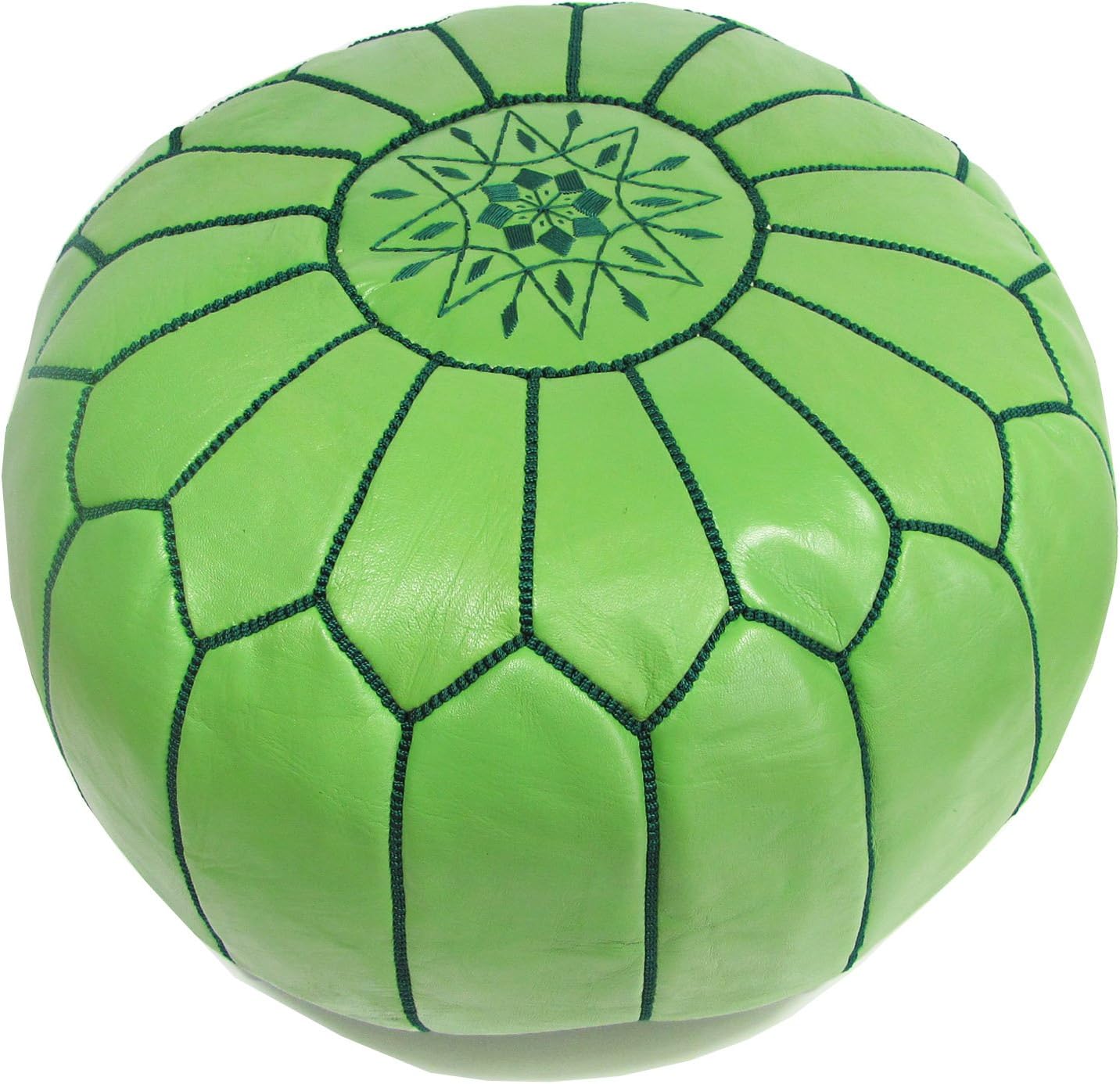 ALMADIH Moroccan leather pouf STUFFED light green with dark green stitching – traditional handmade genuine natural tan leather – ottoman footstool pillow bohemian pouffe puff puf seat professionally upholstered (Pouf light-green)