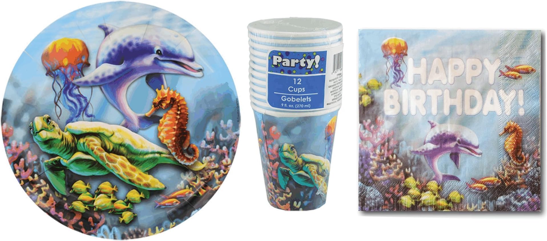 PartyDeiz Bundle Ocean Life Theme (18 Paper Plates, 20 Napkins, 12 Cups) Kids Birthday, Poolside, Barbecue or Outing!