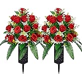 MOOMASS Artificial Cemetery Flowers – Grave Decorations, Cemetery Flowers for Grave Vase, Artificial Rose, Silk Flowers for Long-Lasting Remembrance(red, 2 Bouquets)