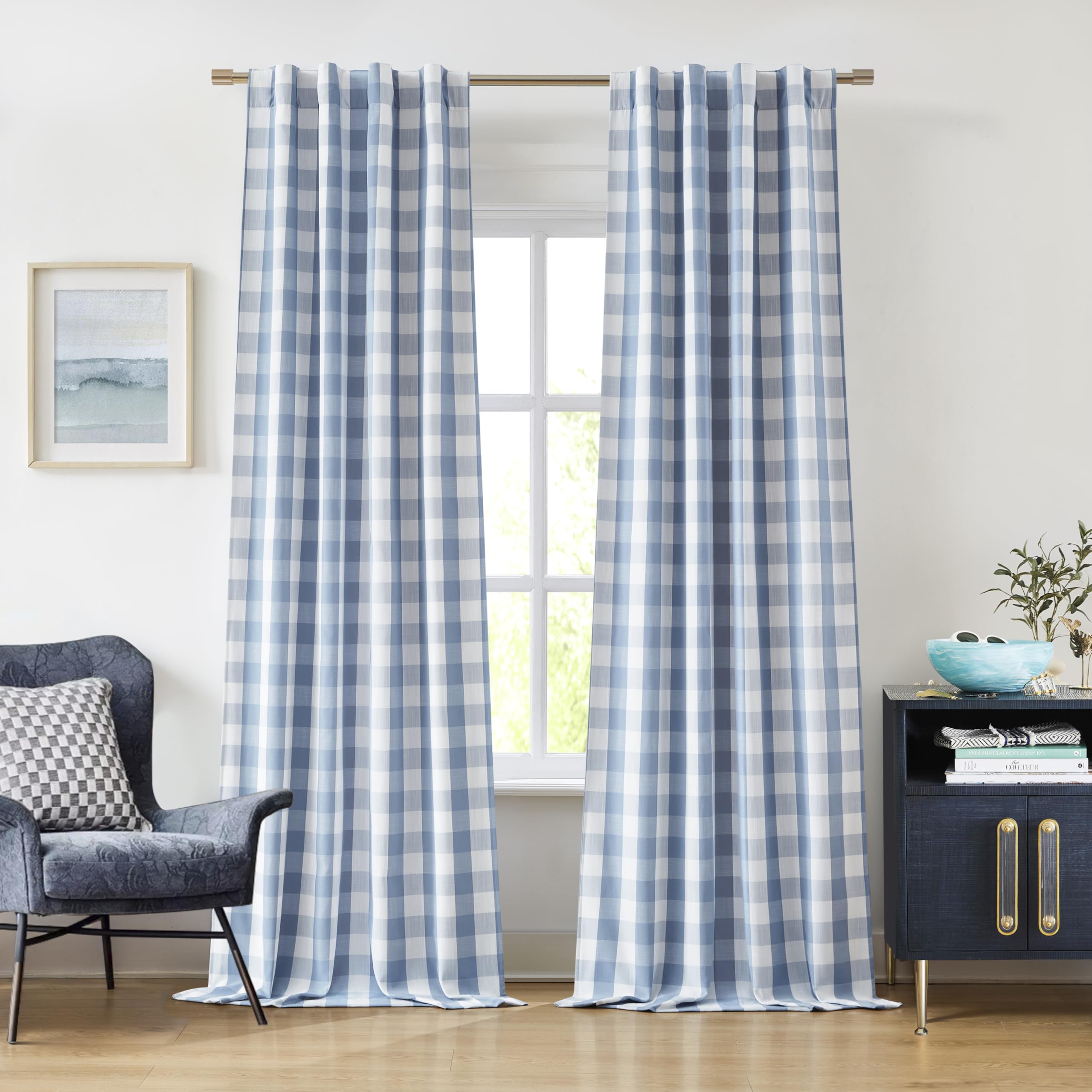 Bapawfish Buffalo Plaid Full Blackout Curtain Panels 84 Inches Length,Dusty Blue and White Farmhouse Drapes,Thermal Insulated Window Treatment for Bedroom Living Room,Rod Pocket Back Tabs,40"Wx84"Lx2
