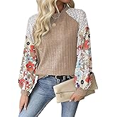 SKVON Floral Tops for Women Patchwork Long Sleeve Ribbed Blouses Crewneck Striped Crochet Print Shirts Lace Knit Sweaters