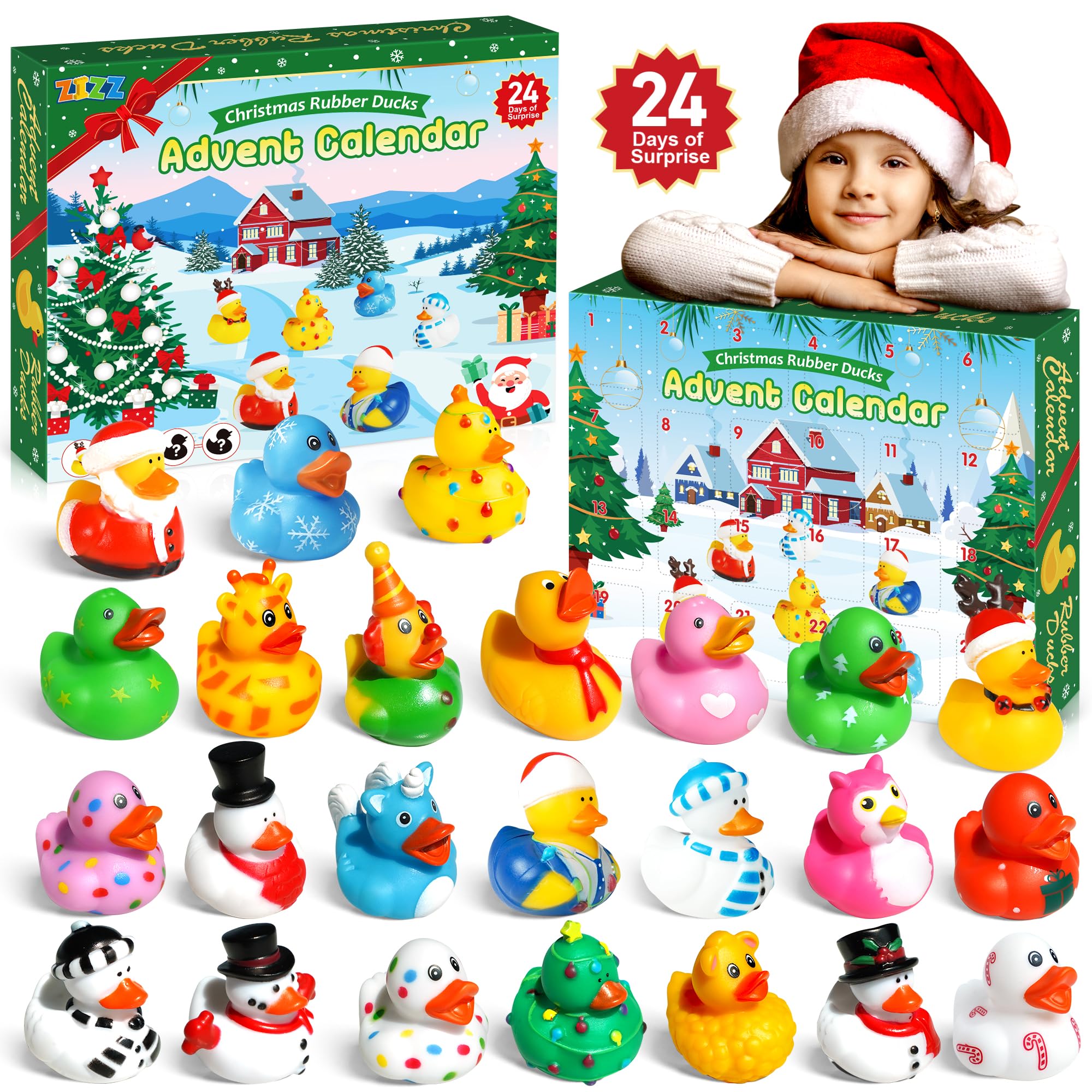 Photo 1 of ZIZZ Advent Calendar 2025 Christmas Rubber Ducks: 24 Days Christmas Countdown Calendar Gifts for Kids Holiday Party Favor Ducky Duck Bath Toy for Baby Toddler Girls Boys 3+ Year old Fun Xmas Gift