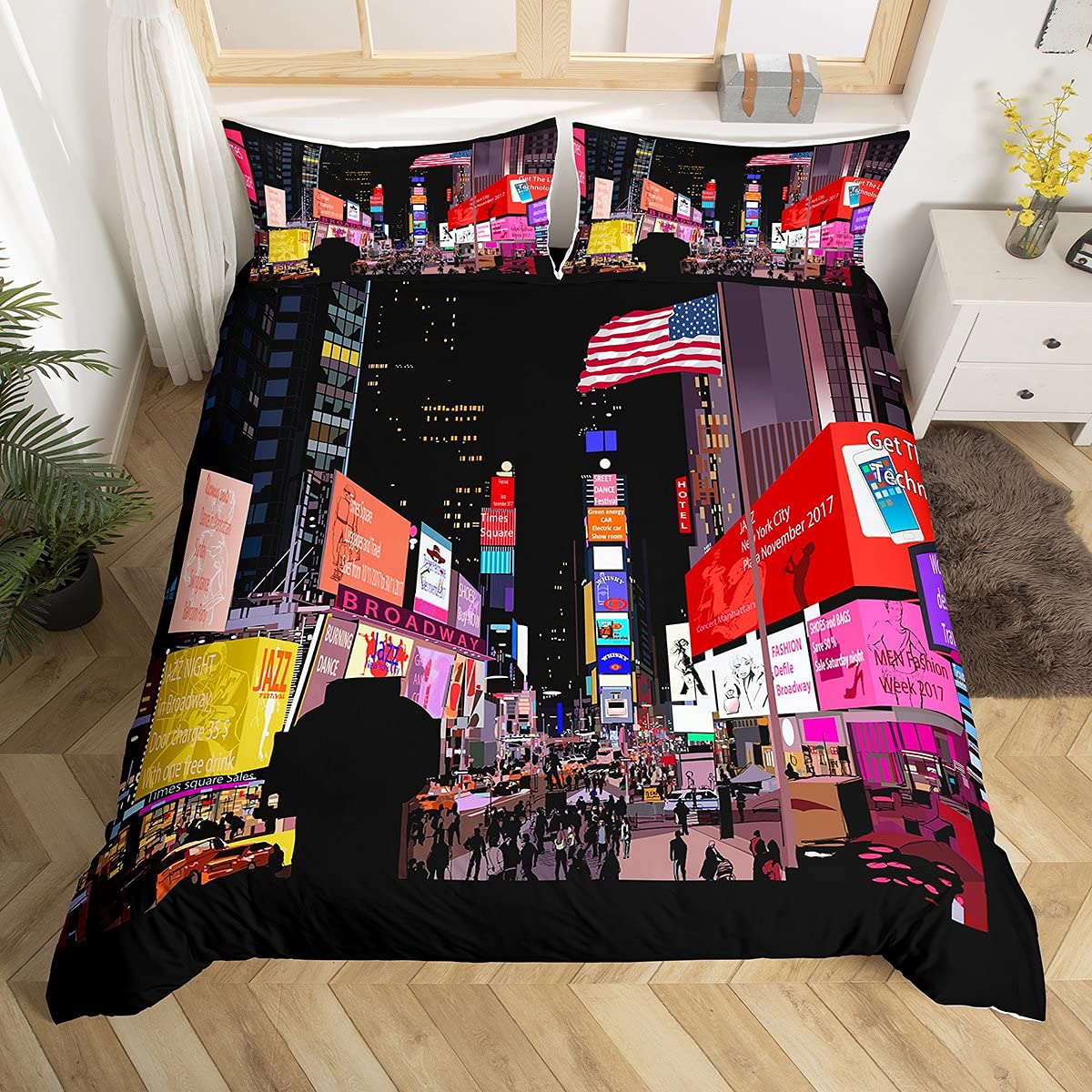 New York Bedding Set King Size Cities of States Comforter Cover Colorful Downtown Pattern Decorative 3 Pcs Art Style Duvet Cover Set City Illustration Bedspread Cover with 2 Pillowcase Zipper