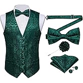 DiBanGu Silk Paisley Vest for Men Formal Suit Waistcoat and Bowtie Lapel Pin Set 7PCS Dress Vest for Suit or Tuxedo