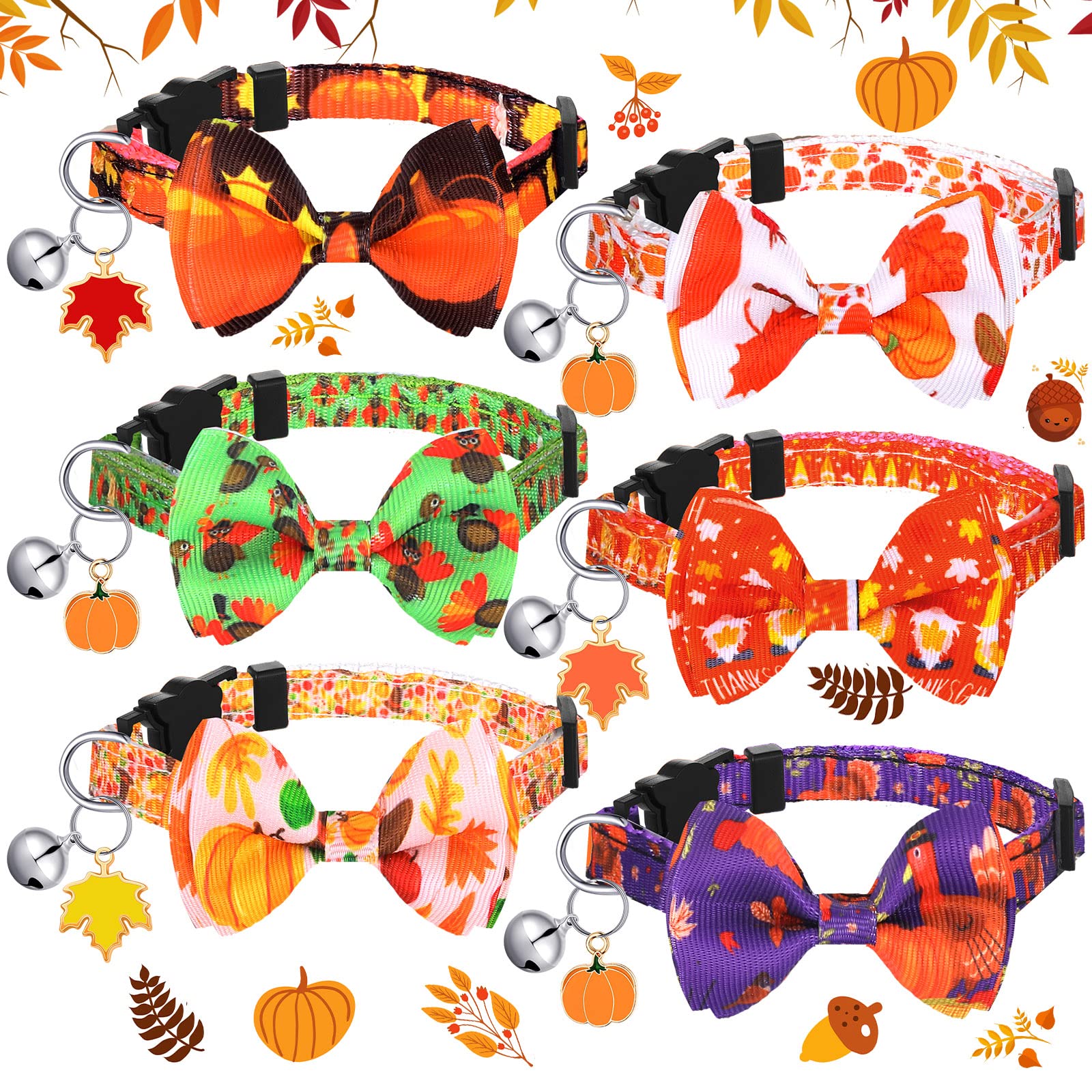 Photo 1 of Xuniea 6 Pcs Fall Cat Collars with Removable Bow Tie and Bell Thanksgiving Breakaway Safety Kitten Collar with Buckle Adjustable Orange Cat Kitty Collar