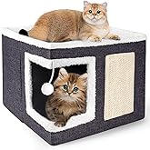 Loyareal Cat Houses for Indoor Cats - Large Cat Bed Cave with Scratch Pad and Fluffy Ball, Foldable Cat Condo Hideaway with Reversible Cushion for Multi Small Pet, Dark Grey