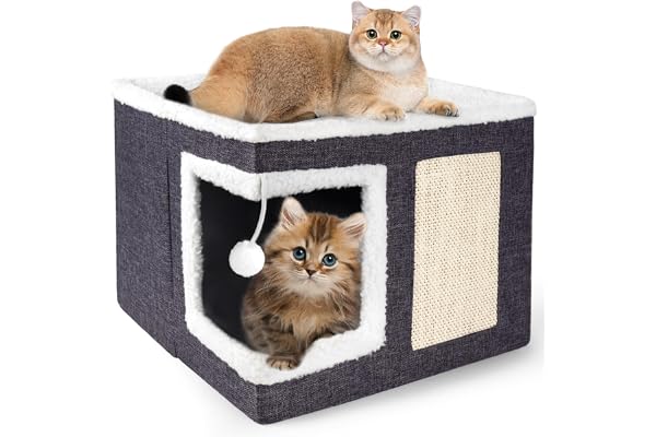 Loyareal Cat Houses for Indoor Cats - Large Cat Bed Cave with Scratch Pad and Fluffy Ball, Foldable Cat Condo Hideaway with R