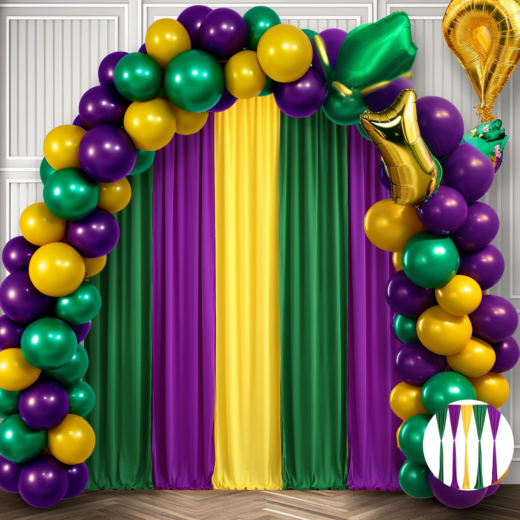 Photo 1 of Mardi Gras Party Backdrop Curtains 10ft ×7ft Backdrop Drapes Fabric for Birthday Party Carnival Masquerade Parade Party Decoration 5PCS