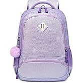 School Backpack for Girls Shiny Glitter Sparkly Bookbag for Kids Elementary Middle School Bags for Girl Blingbling Purple