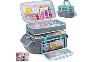 AMOIGEE Large 15" Double-Layer Sewing Storage Bag with Detachable Diviers – Large Sewing Organizer with Shoulder Strap, Elastic Loops for Sewing Supplies, Tools & Accessories