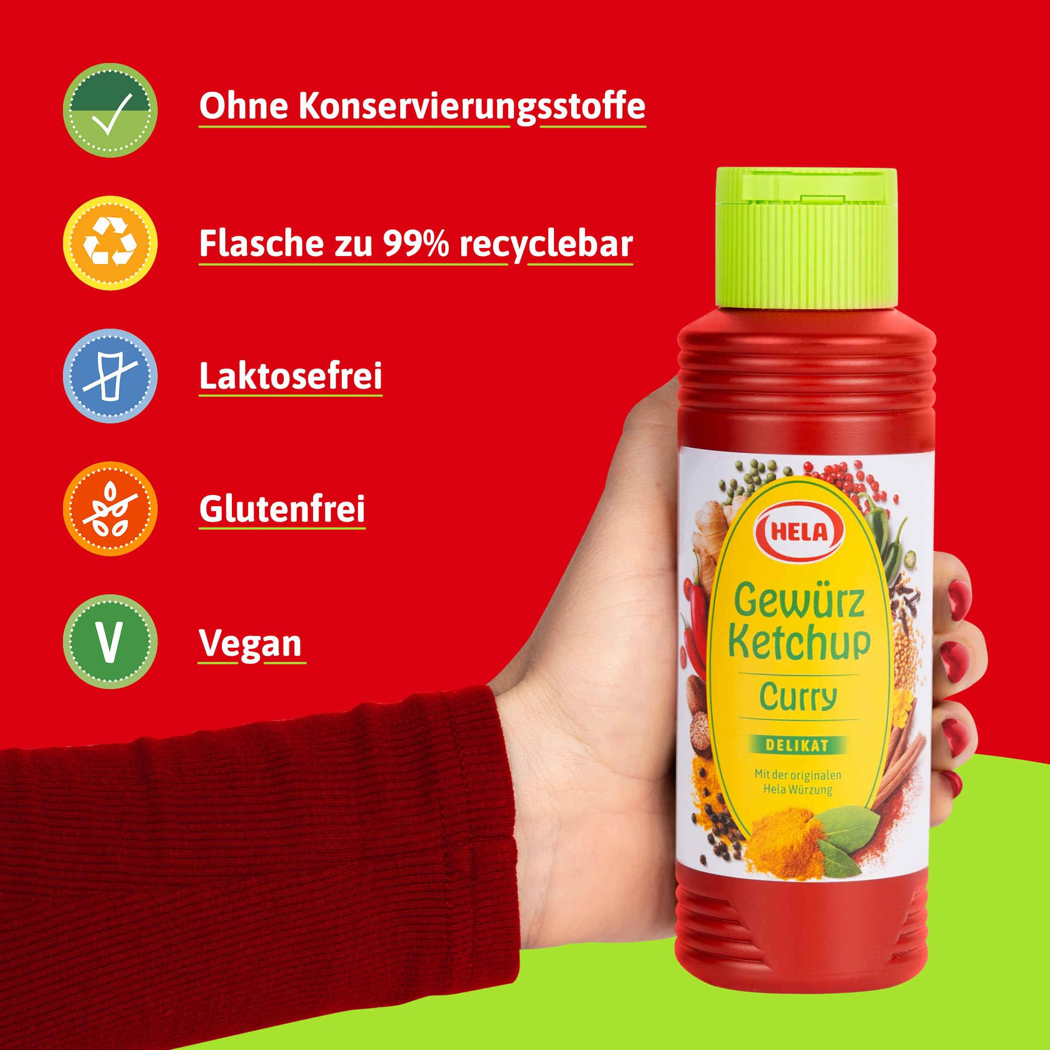 HELA - Gewürz Ketchup Curry delikat 300 ml - veganer Curry Ketchup - lieblich-würziger Ketchup mit Currygeschmack, glutenfrei, laktosefrei, ohne Konservierungsstoffe - für Pommes, Grillgut & Gemüse 5