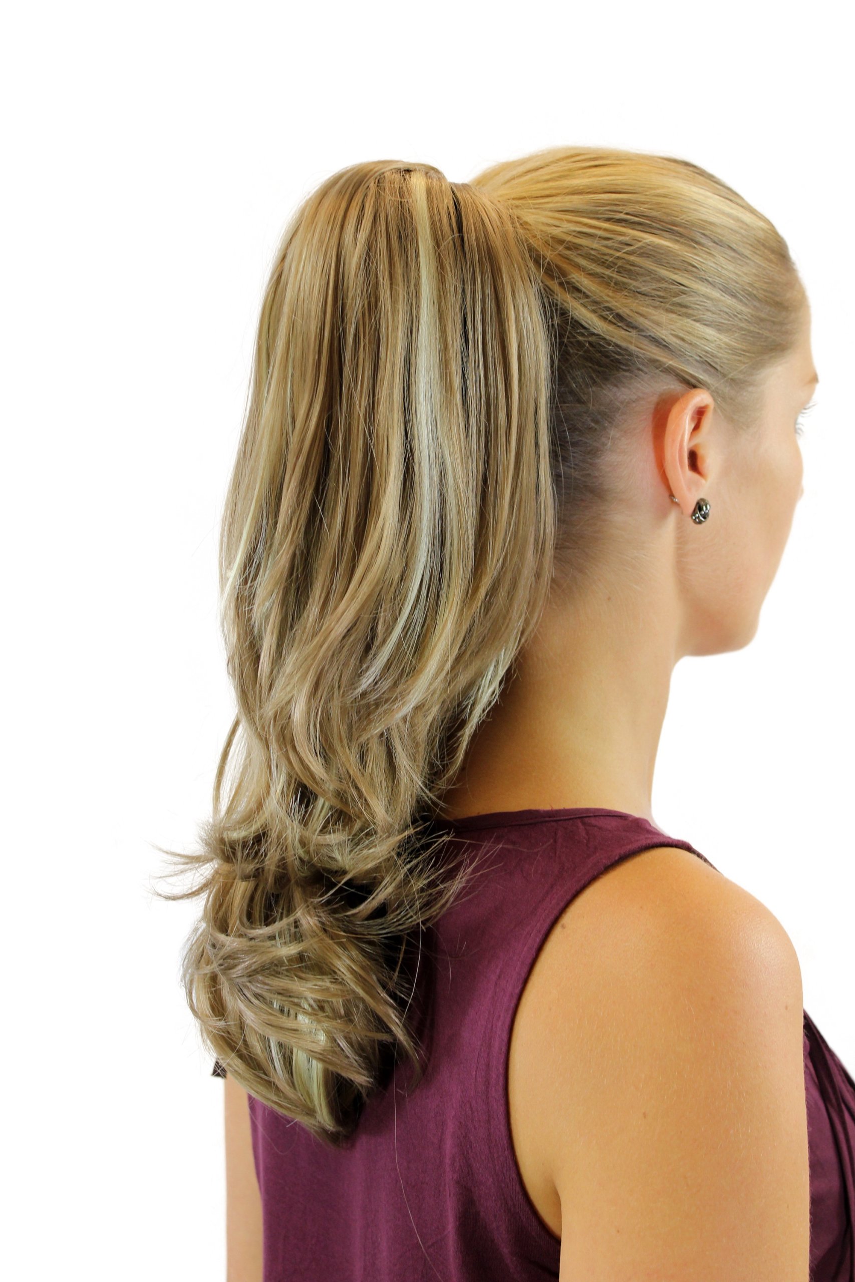 WIG ME UP - XF-6175-18H613 Ponytail Hairpiece extension long straight curved wavy tips dark blond streaked platinum highlights 16inch