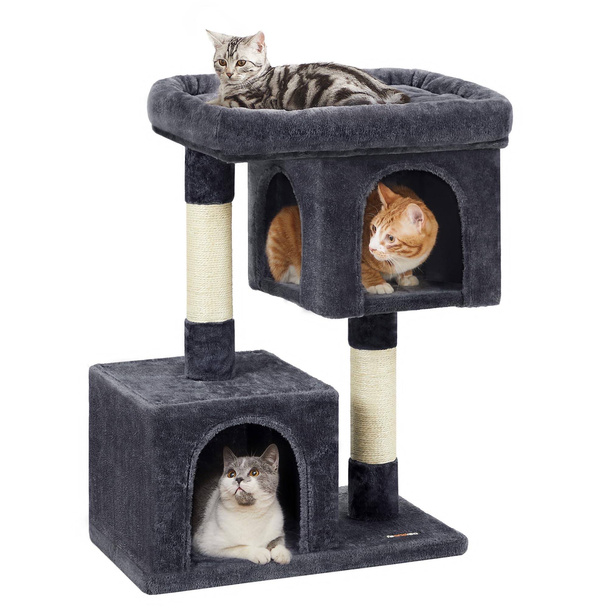 Feandrea Cat Tree Tower, 84 cm, L, for Large Cats up to 7 kg, Large Perch, 2 Caves, Scratching Post, Smoky Grey PCT61GV2