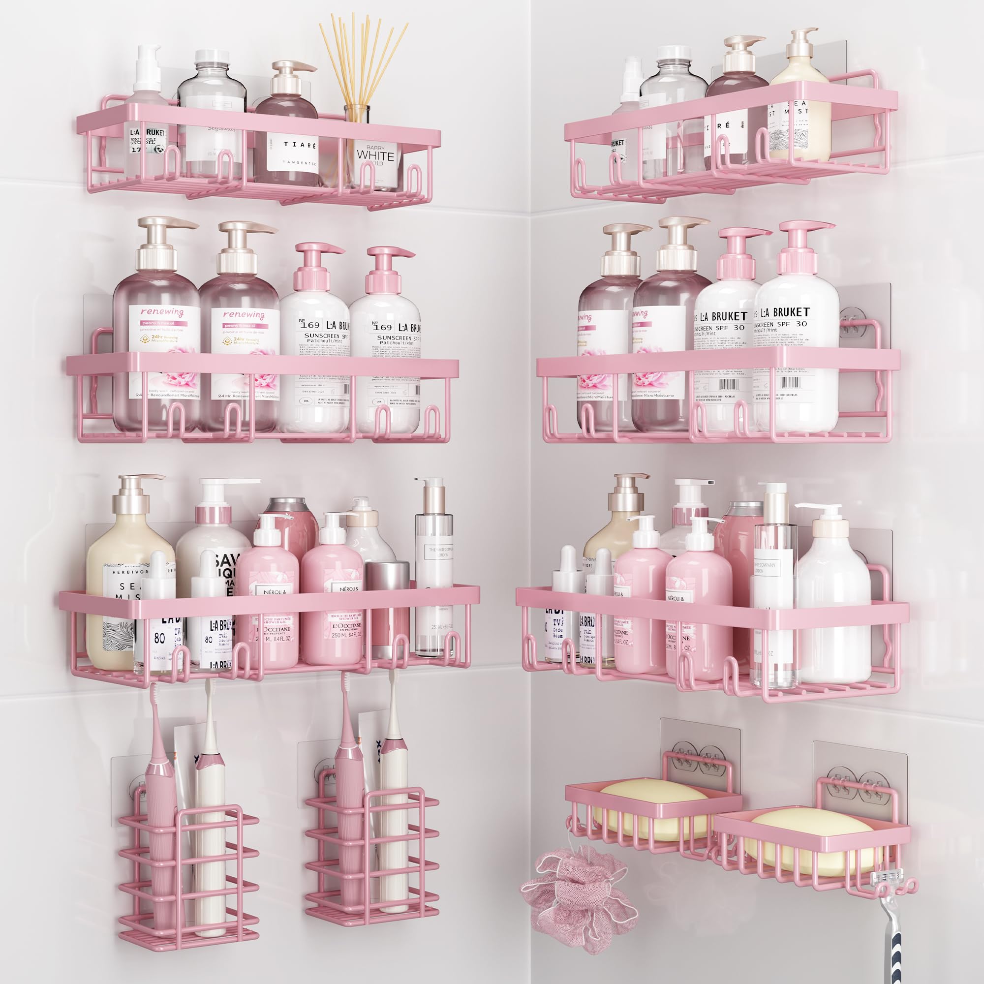 Photo 1 of Liuoud 10 Pack Shower Caddy Organizer Rack Shelf for Inside Shower, Self Adhesive Wall Storage Basket Rustproof Stainless Steel Shampoo Holder Bathroom Accessory Decor Set, Pink