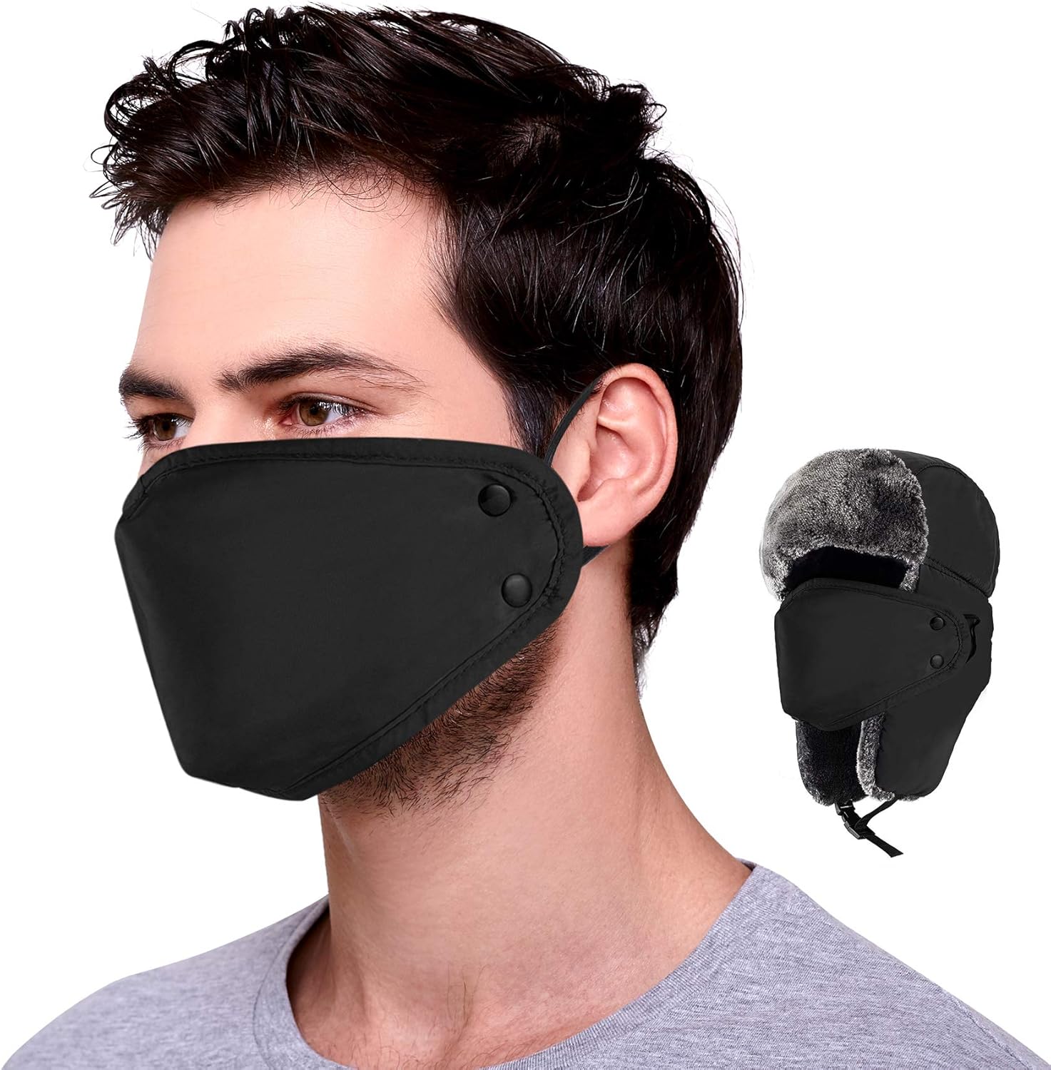 Mysuntown Unisex Winter Trooper Trapper Hat Hunting Hat Ushanka Ear Flap Chin Strap and Windproof Mask,Black,22-24 Inches ,One Size Fits All: Clothing