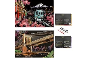 PAITUEND Scratch Rainbow Painting Art Paper,Scratch Art Crafts Set for Adults&Kids,Scratch Painting DIY Creative Gift with 4 Tools,16''x11''(Mt. Fuji&Brooklyn Bridge)