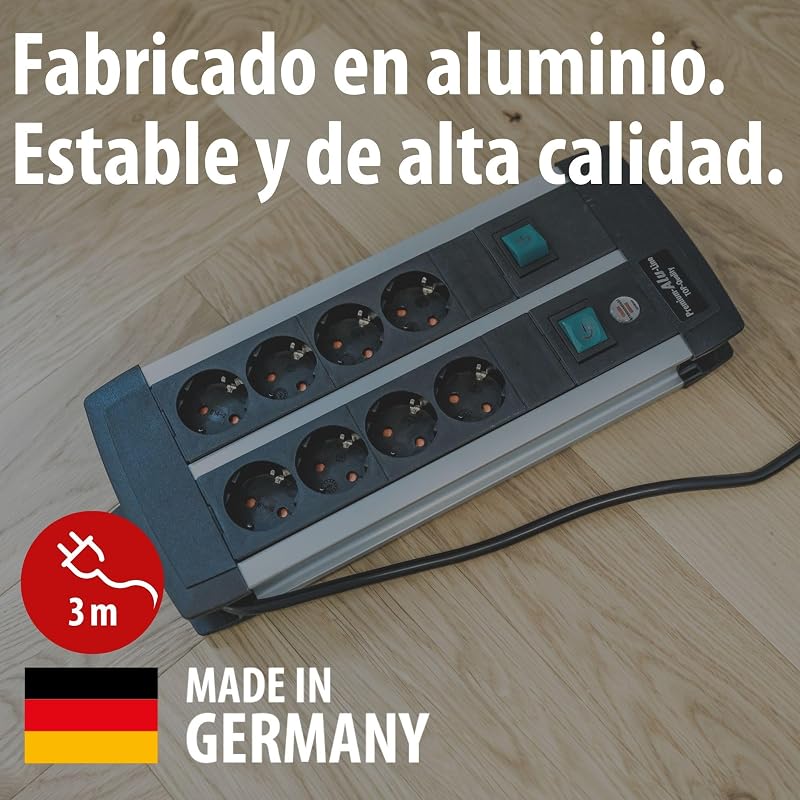 Premium-ALU-Line regleta enchufes con 8 Tomas y Interruptor Individual (regleta para Montaje en Pared, Cable de 3 m, 2X Interruptor Iluminado, Fabricado en Alemania)