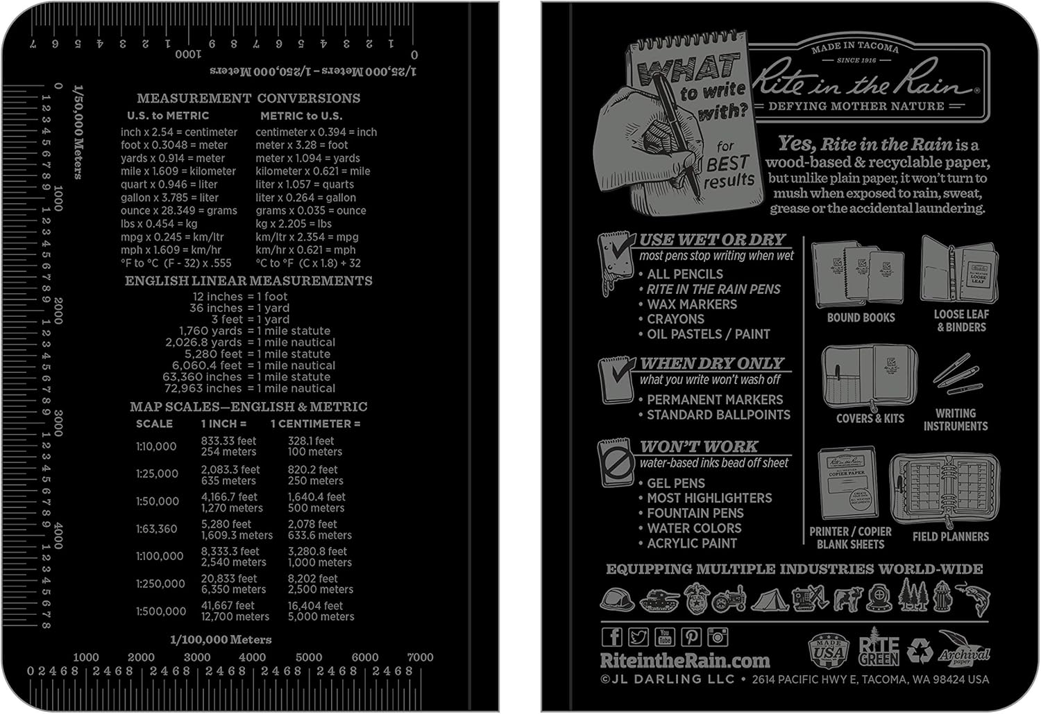 Rite In The Rain Waterproof Field Flex Memo Notepad Black Perfect Bound Grey Paper 112 pages 56 Sheets Imp & Metric Rulers Conversion table & Map Scale 3½ X 5- Inch Resists Oil & Grease Mud & Grime - Image 3