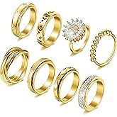 FEYIR 8 Pcs Fidget Rings for Women Anxiety Spinner Stainless Steel CZ Band Ring Spinning Rings Set for Anxiety