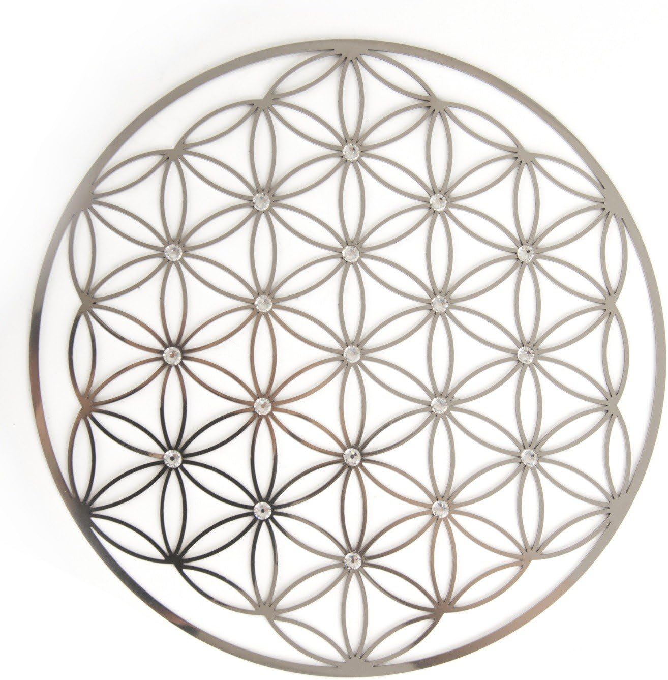 Wandsymbol Blume des Lebens aus Edelstahl Silber mit 19 Swarovski