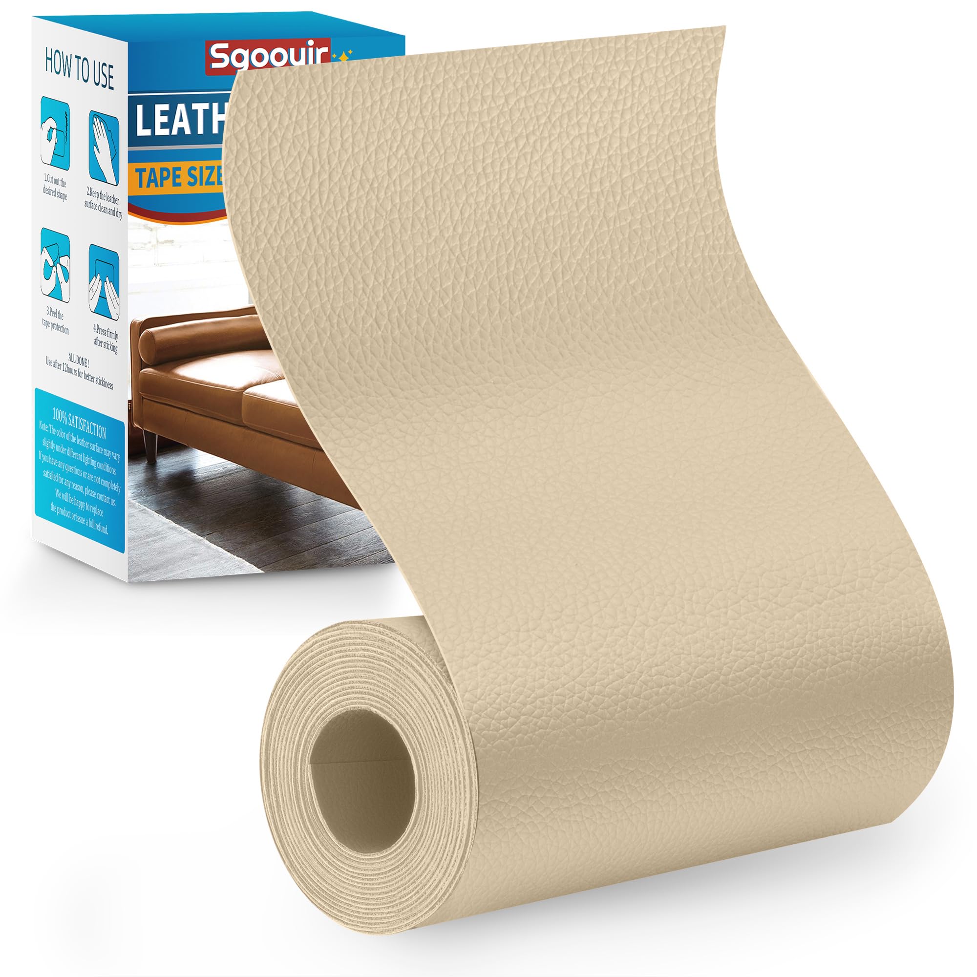 Photo 1 of Sgooyir Leather Repair Patch Tape Kit, 4" x 63" Self Adhesive Leather Repair Patch for Furniture, Vinyl Leather Repair Kit for Car Seat, Chairs, Couch, Sofa, Boat Light Beige