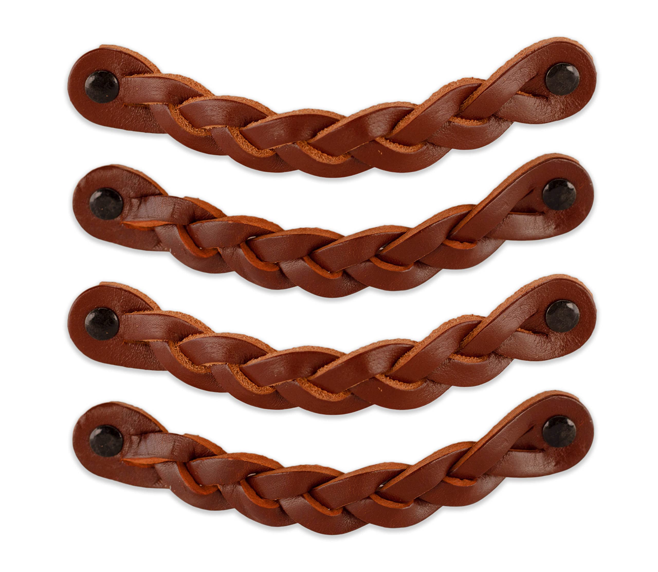 Brute Strength - Leather Handles for Furniture - Braided - Cognac - 4 pcs - 16,5 x 2,5 cm - Cabinet Handle, Door Handle for Kitchen, Bathroom, cabinets, Dresser, Wood